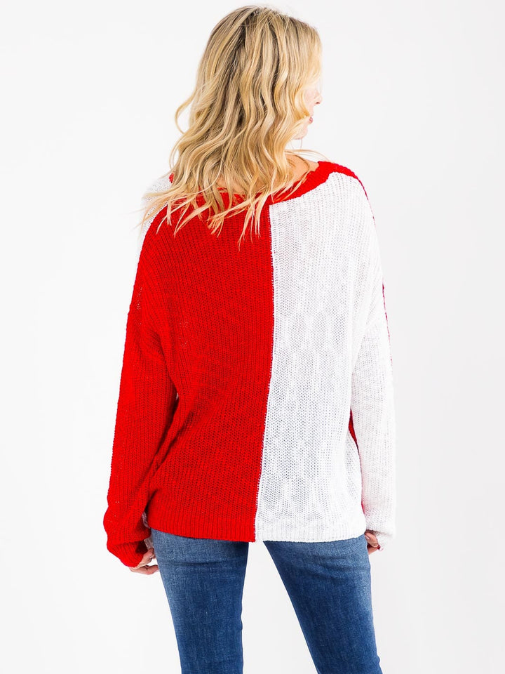 WOMEN'S LONG SLEEVE COLORBLOCK HEART PRINT KNIT PULLOVER SWEATER