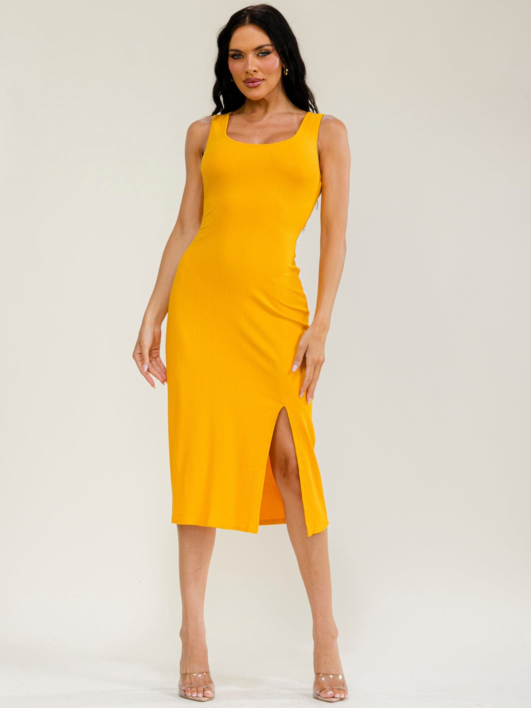 WOMEN'S SLEEVELESS FRONT SLIT OPEN BACK RIBBED MIDI DRESS