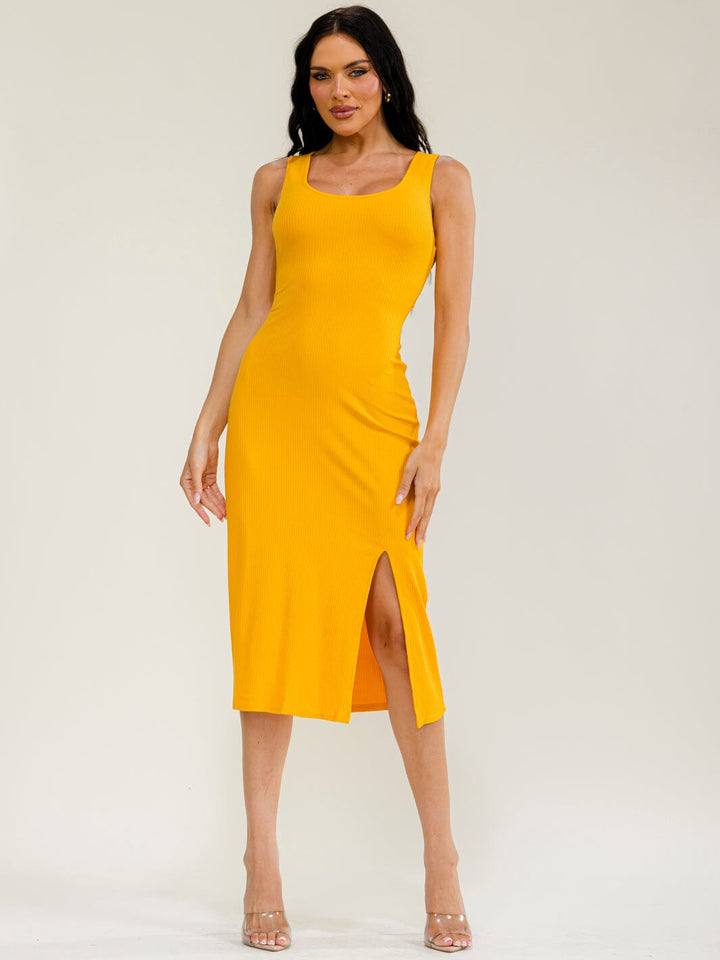 WOMEN'S SLEEVELESS FRONT SLIT OPEN BACK RIBBED MIDI DRESS
