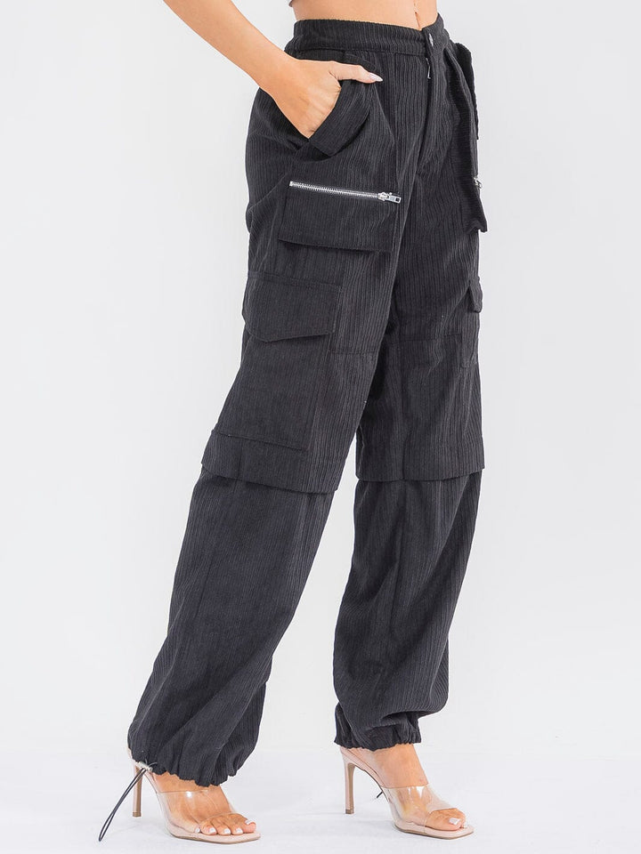 WOMEN'S BUTTON CLOSURE CARGO POCKETS ADJUSTABLE LEG CORDUROY PANTS