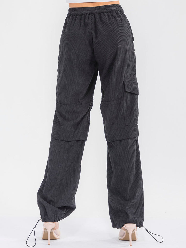 WOMEN'S BUTTON CLOSURE CARGO POCKETS ADJUSTABLE LEG CORDUROY PANTS