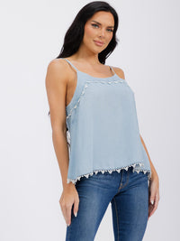 WOMEN'S SLEEVELESS TRIM DETAILED CHAMBRAY TANK TOP