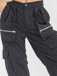 WOMEN'S BUTTON CLOSURE CARGO POCKETS ADJUSTABLE LEG CORDUROY PANTS