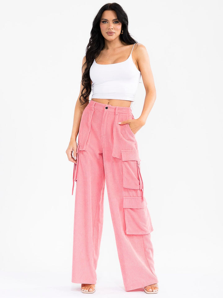 WOMEN'S BUTTON CLOSURE CARGO POCKETS WIDE LEG CORDUROY PANTS