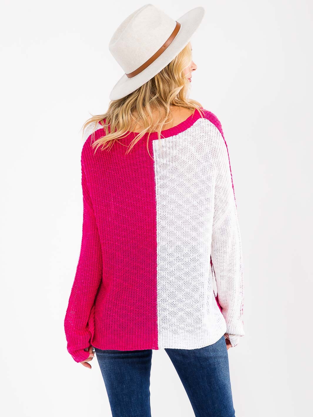 WOMEN'S LONG SLEEVE COLORBLOCK HEART PRINT KNIT PULLOVER SWEATER
