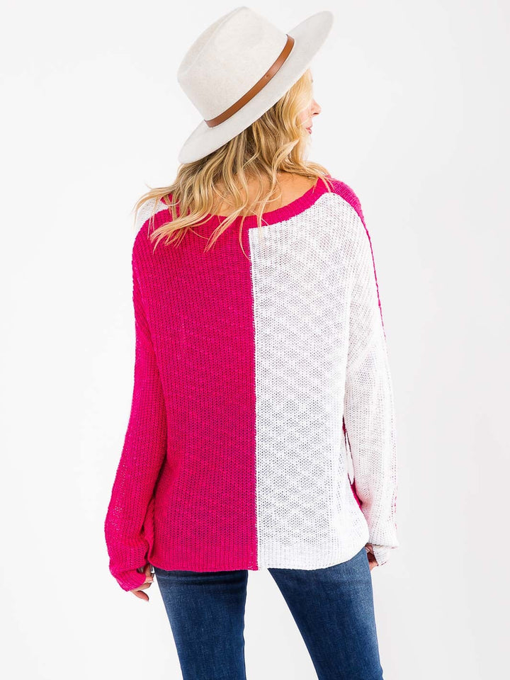 WOMEN'S LONG SLEEVE COLORBLOCK HEART PRINT KNIT PULLOVER SWEATER