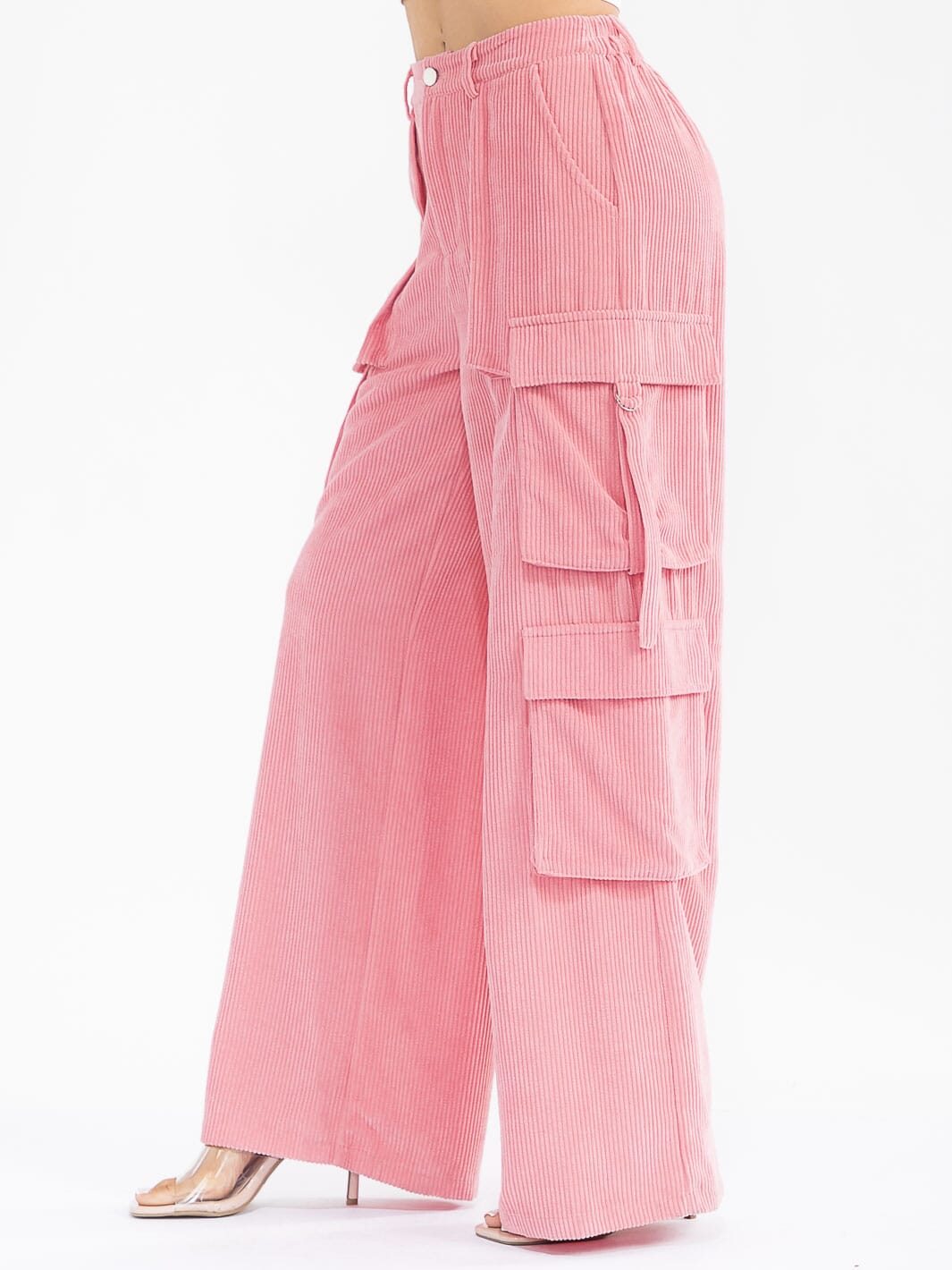 WOMEN'S BUTTON CLOSURE CARGO POCKETS WIDE LEG CORDUROY PANTS