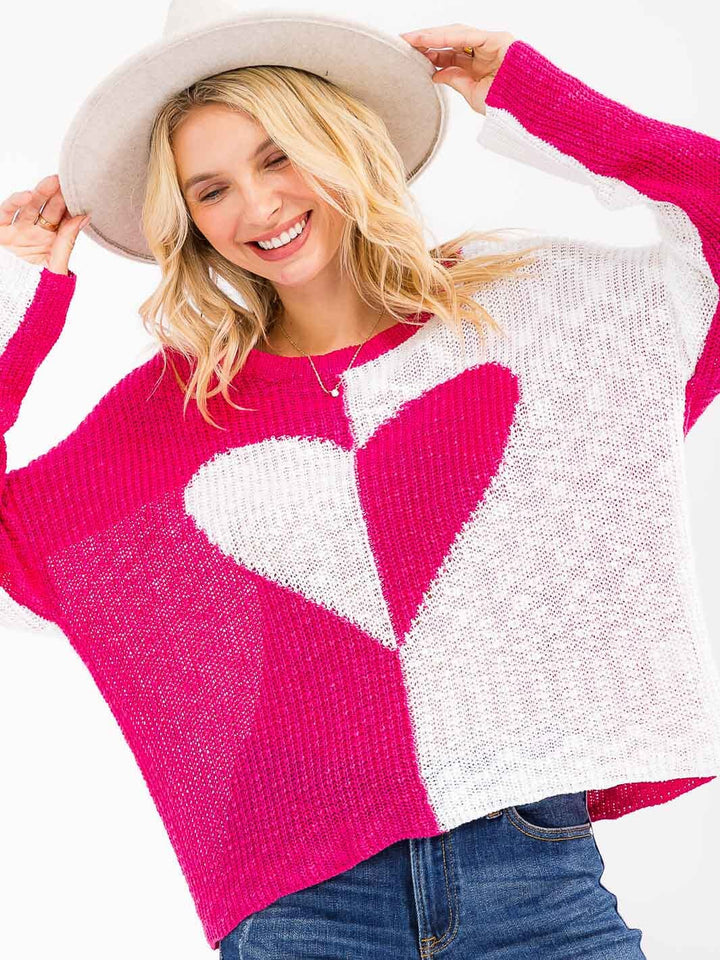 WOMEN'S LONG SLEEVE COLORBLOCK HEART PRINT KNIT PULLOVER SWEATER