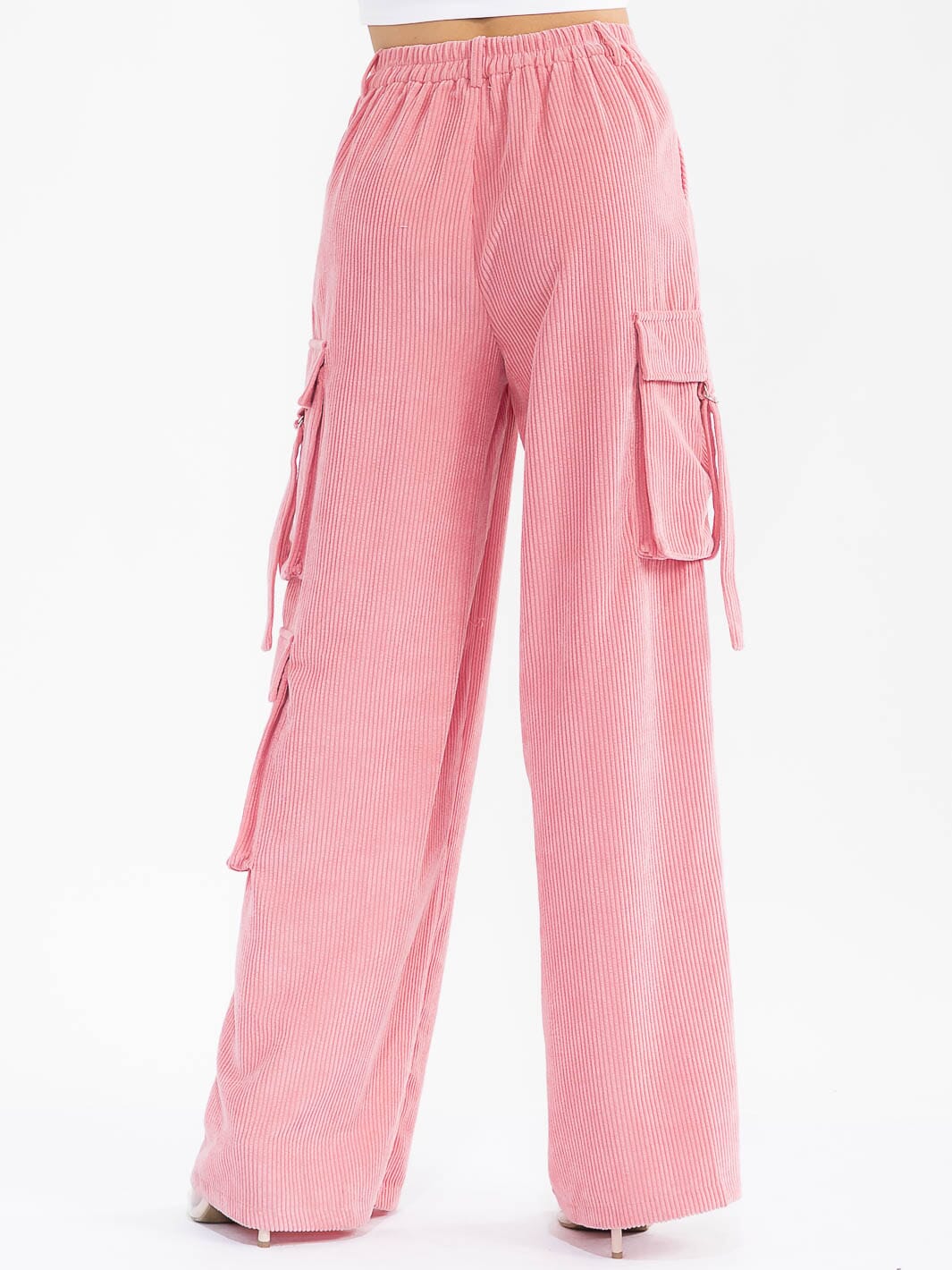 WOMEN'S BUTTON CLOSURE CARGO POCKETS WIDE LEG CORDUROY PANTS