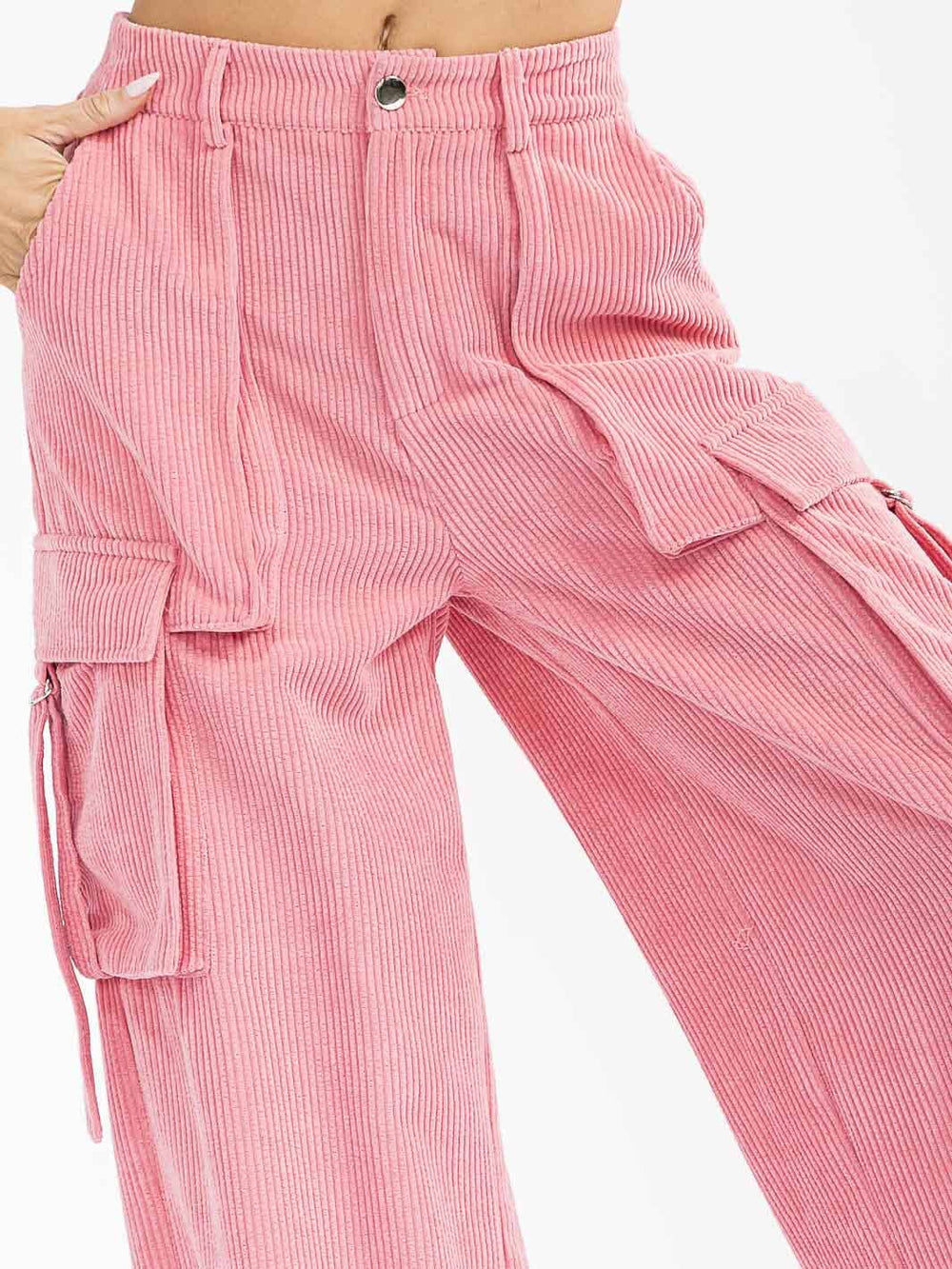 WOMEN'S BUTTON CLOSURE CARGO POCKETS WIDE LEG CORDUROY PANTS