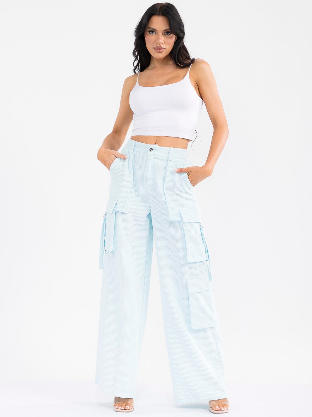 WOMEN'S BUTTON CLOSURE CARGO POCKETS WIDE LEG CORDUROY PANTS