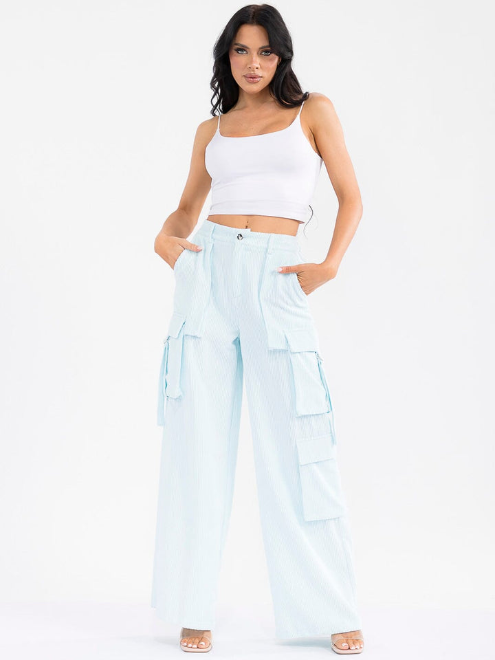 WOMEN'S BUTTON CLOSURE CARGO POCKETS WIDE LEG CORDUROY PANTS