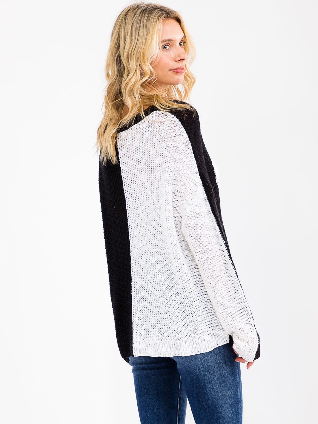 WOMEN'S LONG SLEEVE COLORBLOCK HEART PRINT KNIT PULLOVER SWEATER