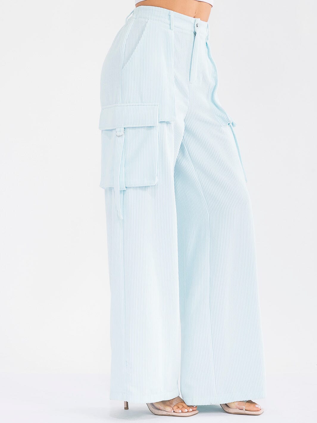 WOMEN'S BUTTON CLOSURE CARGO POCKETS WIDE LEG CORDUROY PANTS