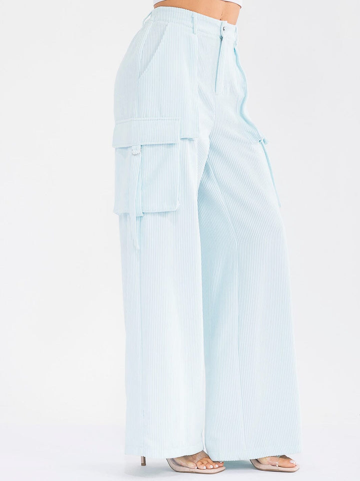 WOMEN'S BUTTON CLOSURE CARGO POCKETS WIDE LEG CORDUROY PANTS