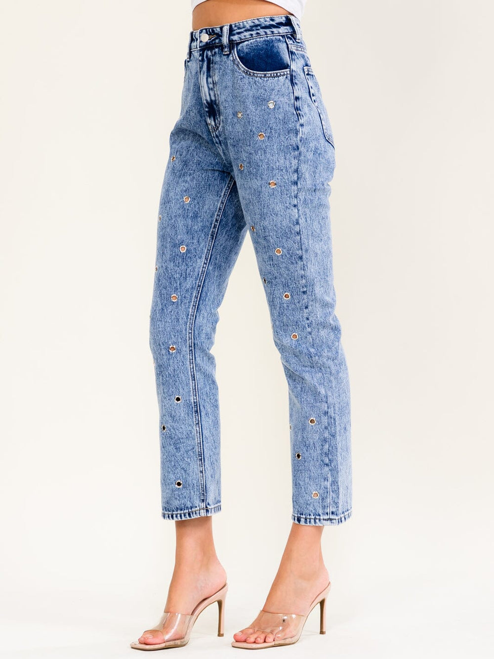 WOMEN'S BUTTON CLOSURE POCKETS SKINNY LEG DENIM WASHED PANTS