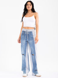 WOMEN'S ELASTIC WAIST POCKETS DISTRESS DENIM CONTRAST WIDE LEG PANTS