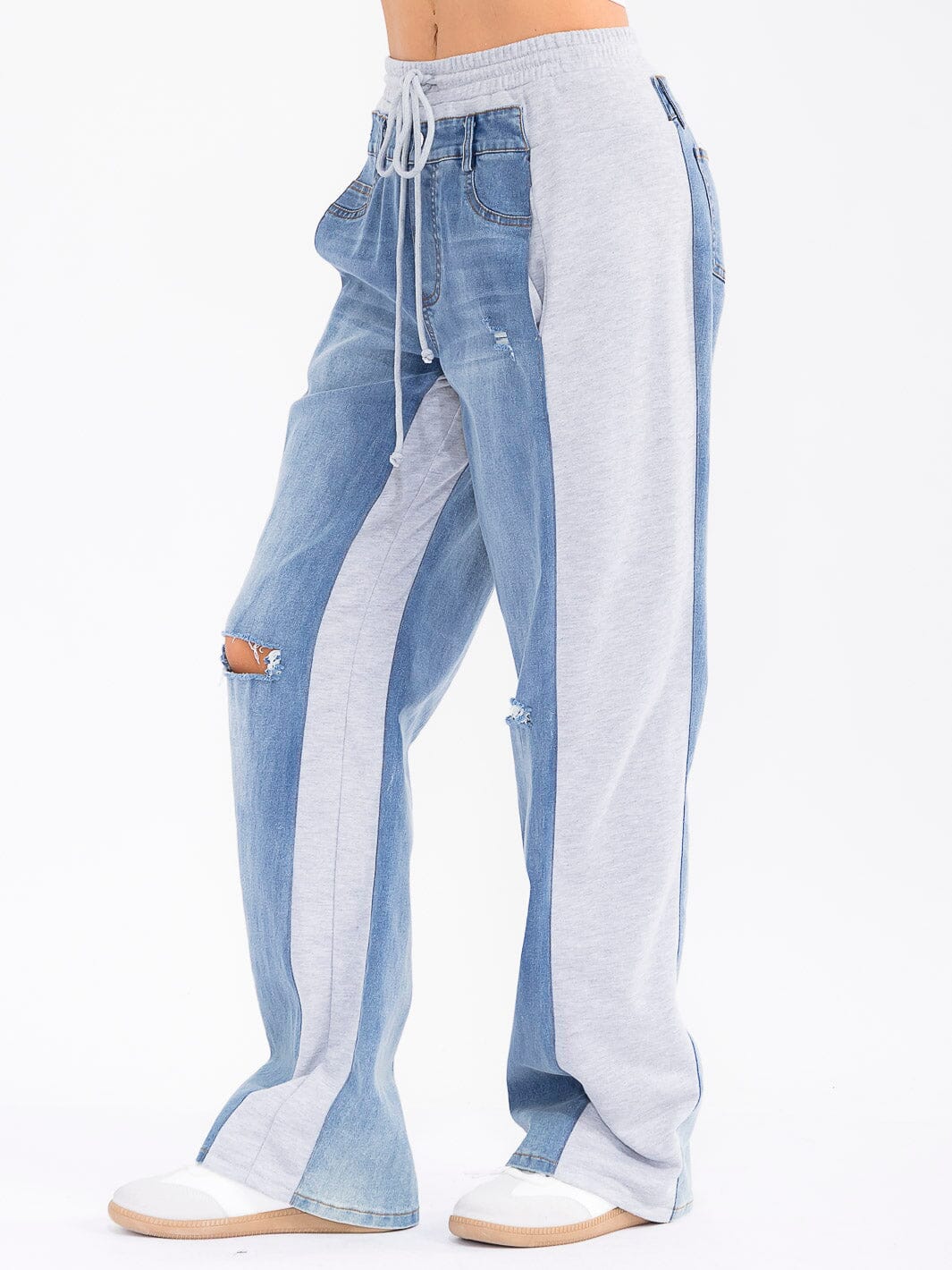 WOMEN'S ELASTIC WAIST POCKETS DISTRESS DENIM CONTRAST WIDE LEG PANTS