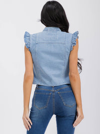 WOMEN'S RUFFLE SLEEVE FRONT TIE POCKETS DENIM TOP