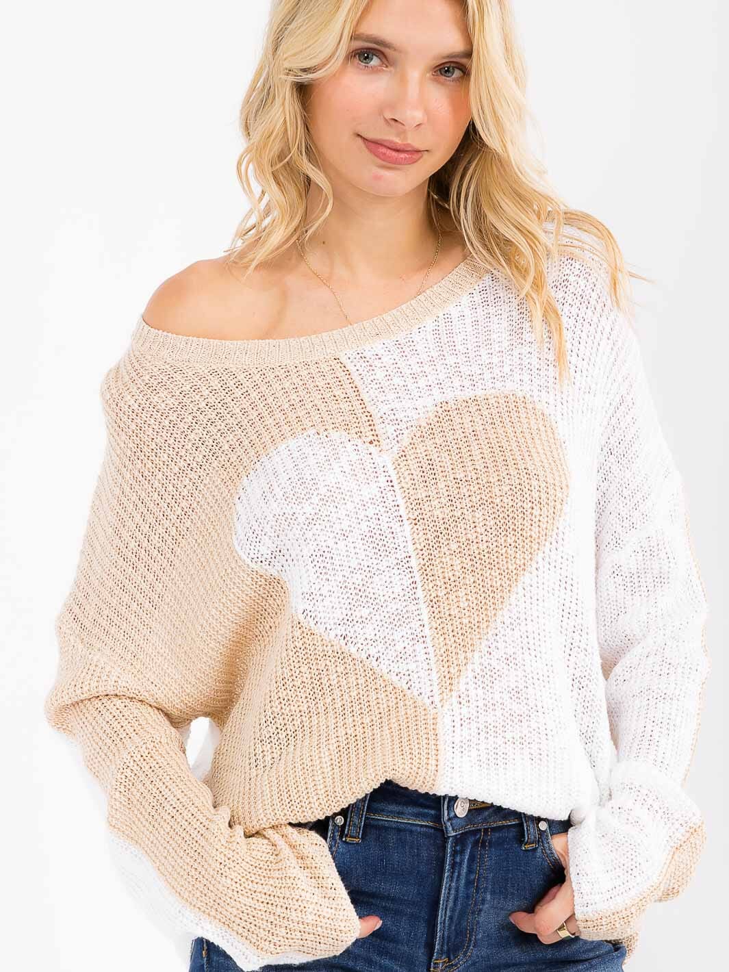 WOMEN'S LONG SLEEVE COLORBLOCK HEART PRINT KNIT PULLOVER SWEATER