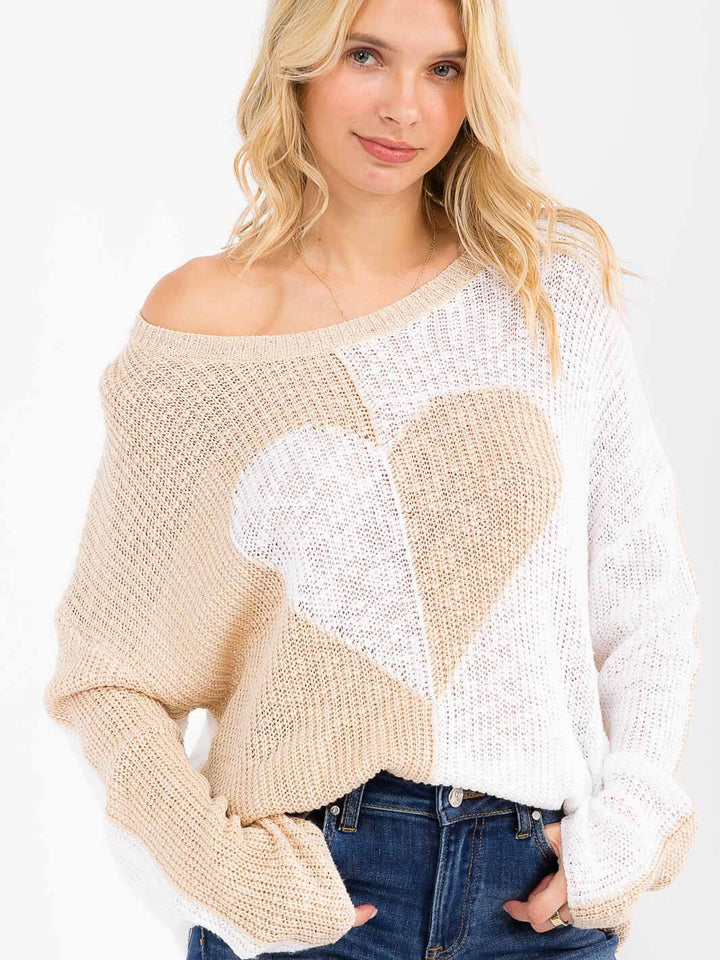 WOMEN'S LONG SLEEVE COLORBLOCK HEART PRINT KNIT PULLOVER SWEATER