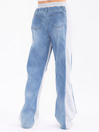 WOMEN'S ELASTIC WAIST POCKETS DISTRESS DENIM CONTRAST WIDE LEG PANTS