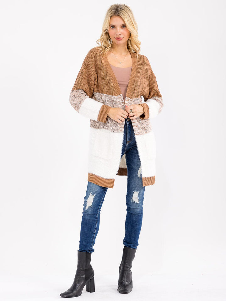 WOMEN'S LONG SLEEVE OPEN FRONT POCKETS COLORBLOCK CARDIGAN