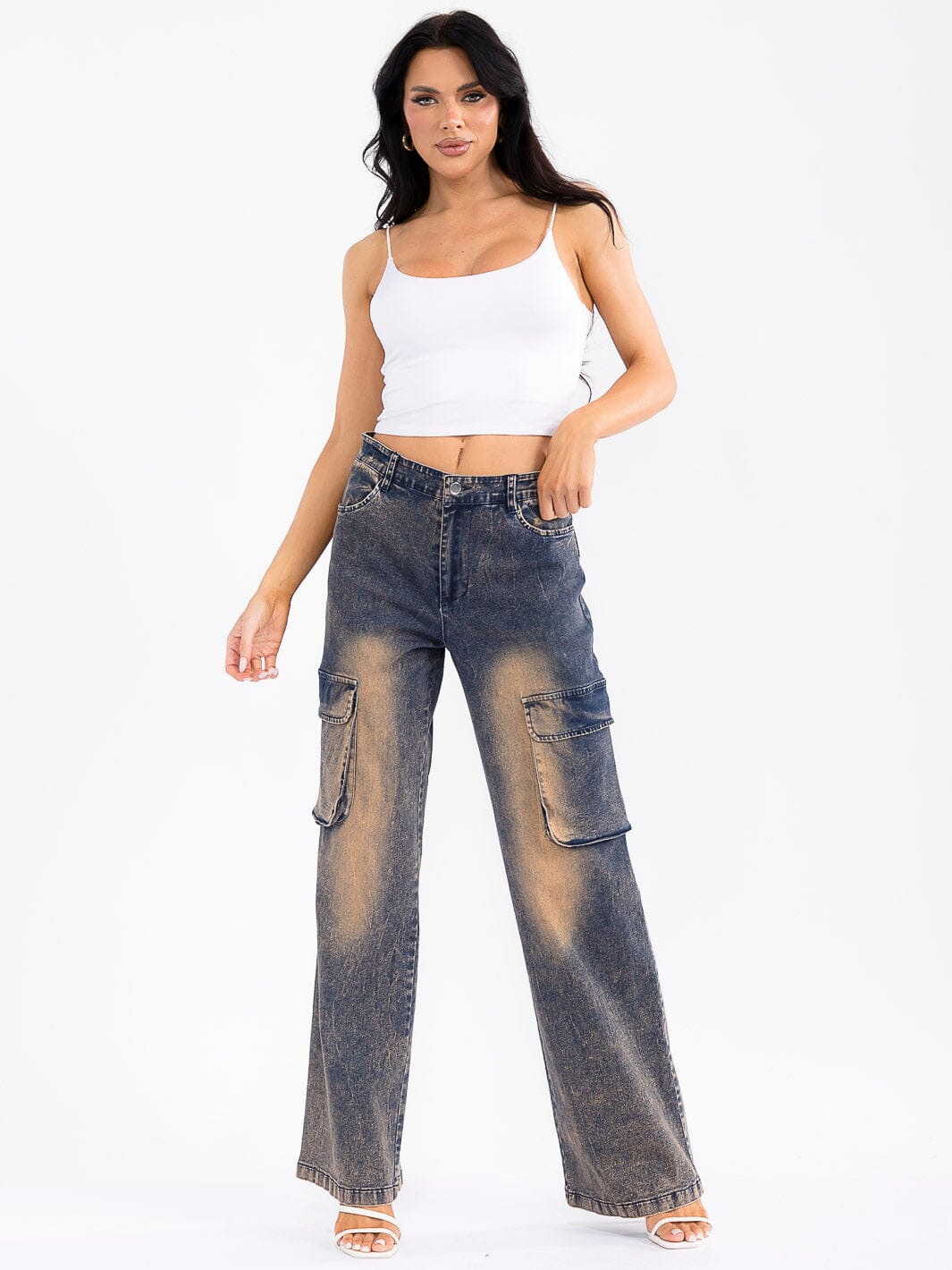 WOMEN'S BUTTON CLOSURE CARGO POCKETS WIDE LEG WASHED DENIM STRETCH PANTS