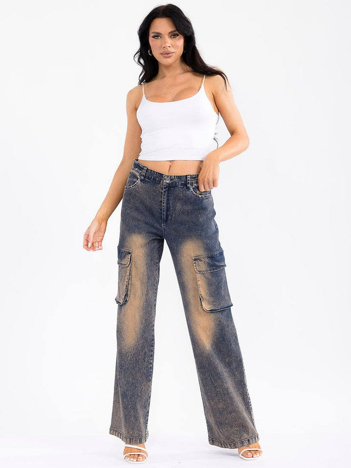 WOMEN'S BUTTON CLOSURE CARGO POCKETS WIDE LEG WASHED DENIM STRETCH PANTS