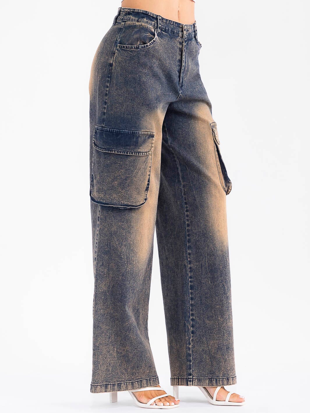 WOMEN'S BUTTON CLOSURE CARGO POCKETS WIDE LEG WASHED DENIM STRETCH PANTS