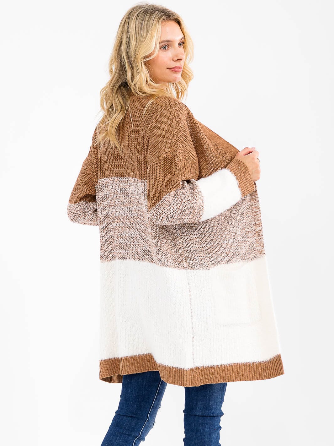 WOMEN'S LONG SLEEVE OPEN FRONT POCKETS COLORBLOCK CARDIGAN