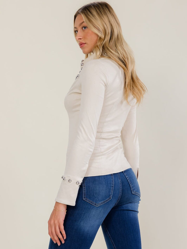 WOMEN'S LONG SLEEVE BUTTON UP STUDS VELVET BLOUSE