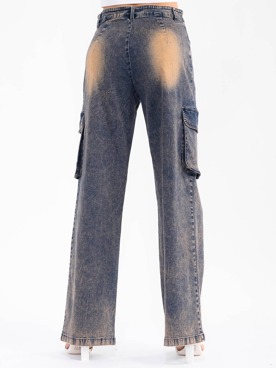 WOMEN'S BUTTON CLOSURE CARGO POCKETS WIDE LEG WASHED DENIM STRETCH PANTS