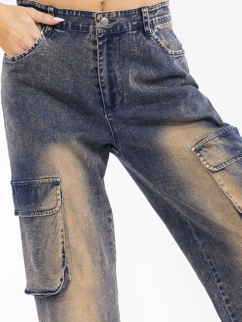 WOMEN'S BUTTON CLOSURE CARGO POCKETS WIDE LEG WASHED DENIM STRETCH PANTS