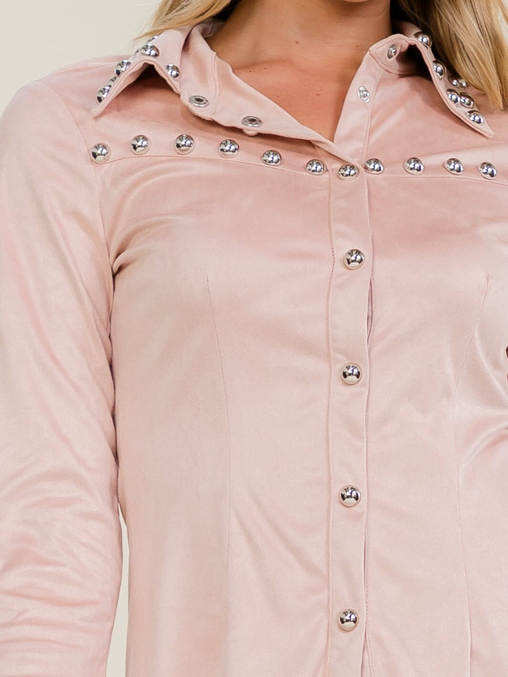 WOMEN'S LONG SLEEVE BUTTON UP STUDS VELVET BLOUSE