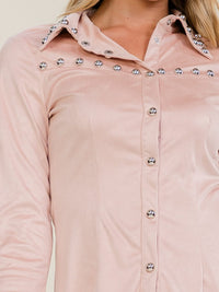 WOMEN'S LONG SLEEVE BUTTON UP STUDS VELVET BLOUSE