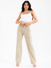 WOMEN'S BUTTON CLOSURE POCKETS DENIM WIDE LEG PANTS