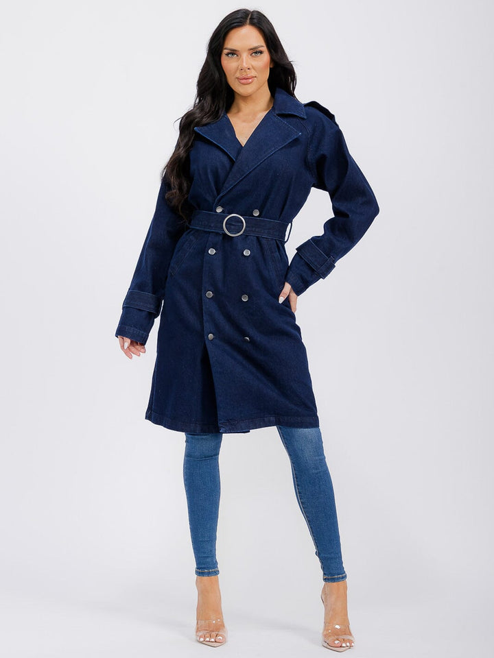 WOMEN'S LONG SLEEVE BUTTON CLOSURE FRONT POCKETS BELTED DENIM COAT