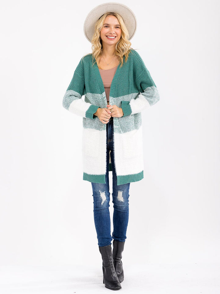 WOMEN'S LONG SLEEVE OPEN FRONT POCKETS COLORBLOCK CARDIGAN