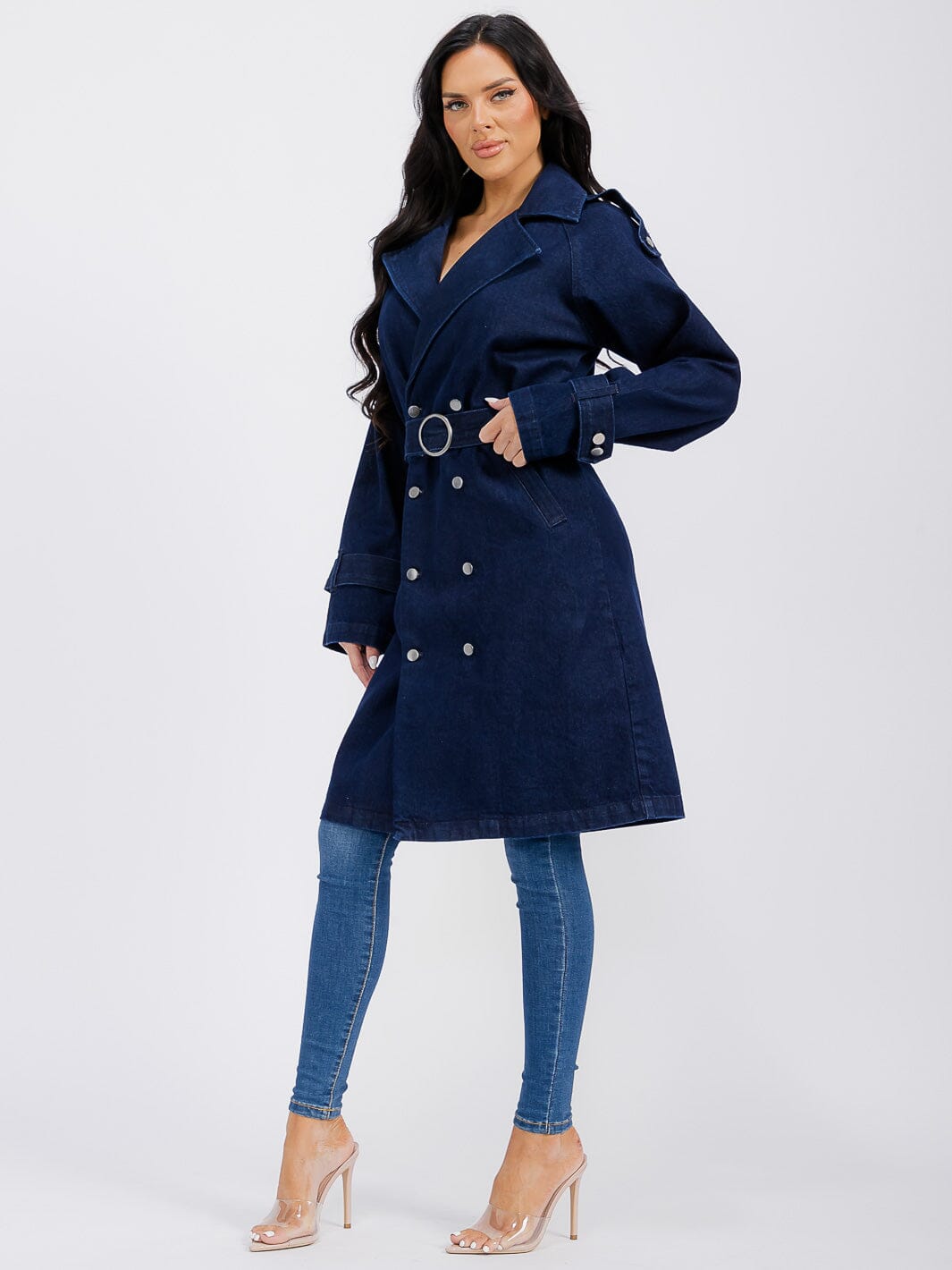 WOMEN'S LONG SLEEVE BUTTON CLOSURE FRONT POCKETS BELTED DENIM COAT