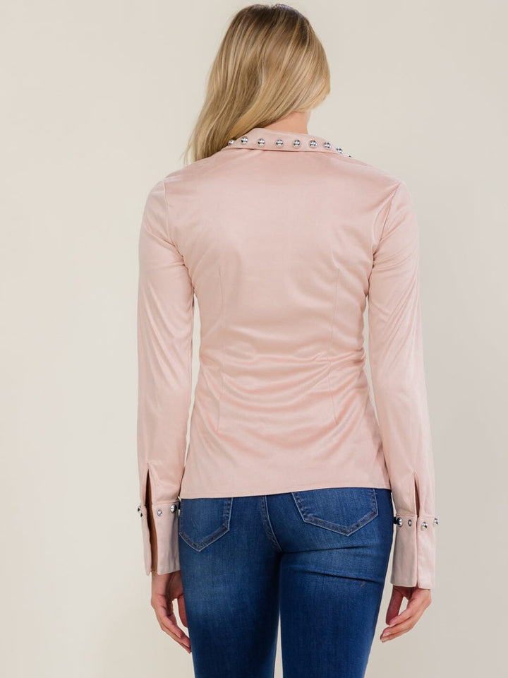 WOMEN'S LONG SLEEVE BUTTON UP STUDS VELVET BLOUSE