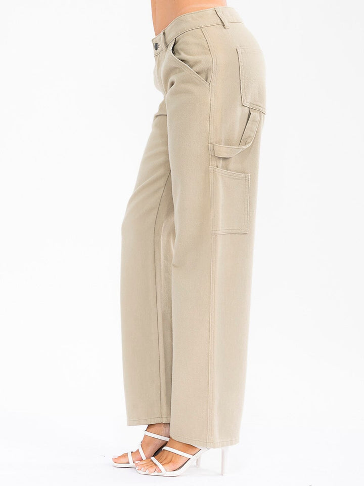 WOMEN'S BUTTON CLOSURE POCKETS DENIM WIDE LEG PANTS