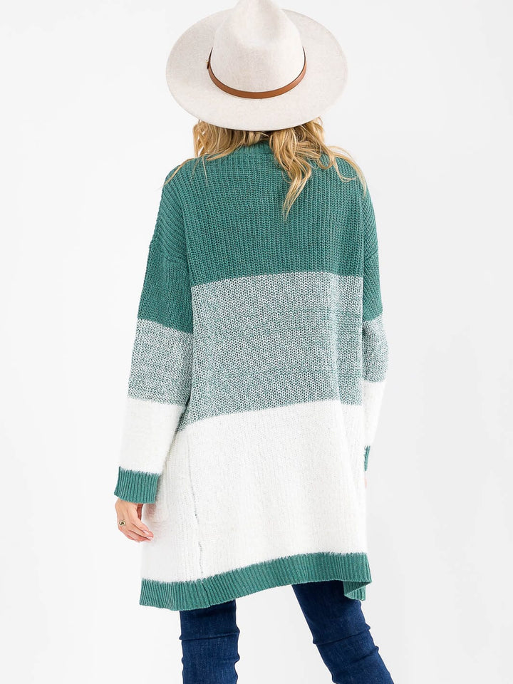 WOMEN'S LONG SLEEVE OPEN FRONT POCKETS COLORBLOCK CARDIGAN