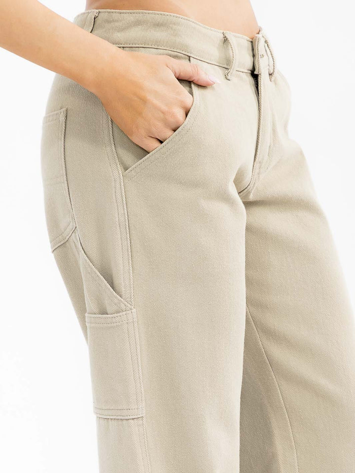 WOMEN'S BUTTON CLOSURE POCKETS DENIM WIDE LEG PANTS