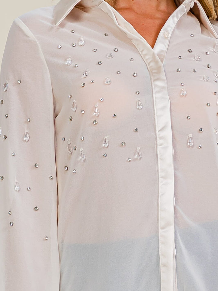 WOMEN'S LONG SLEEVE BUTTON UP STUDS SHEER BLOUSE