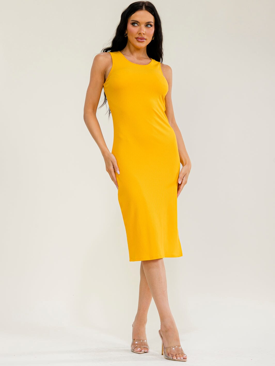 WOMEN'S SLEEVELESS SIDE SLIT RIBBED MIDI DRESS