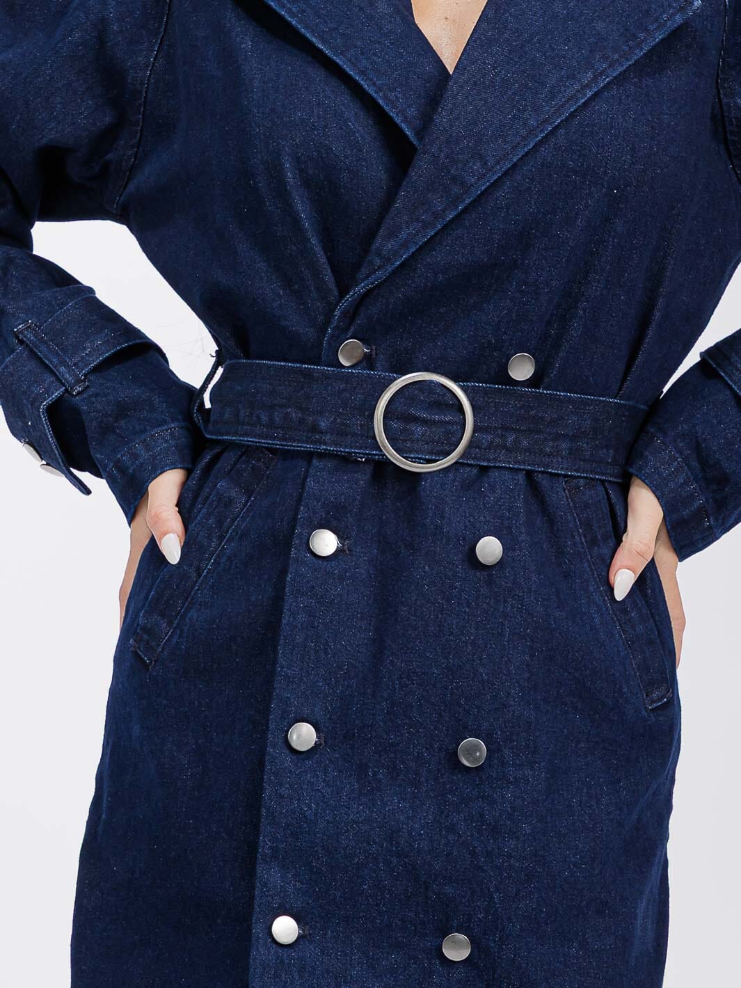 WOMEN'S LONG SLEEVE BUTTON CLOSURE FRONT POCKETS BELTED DENIM COAT