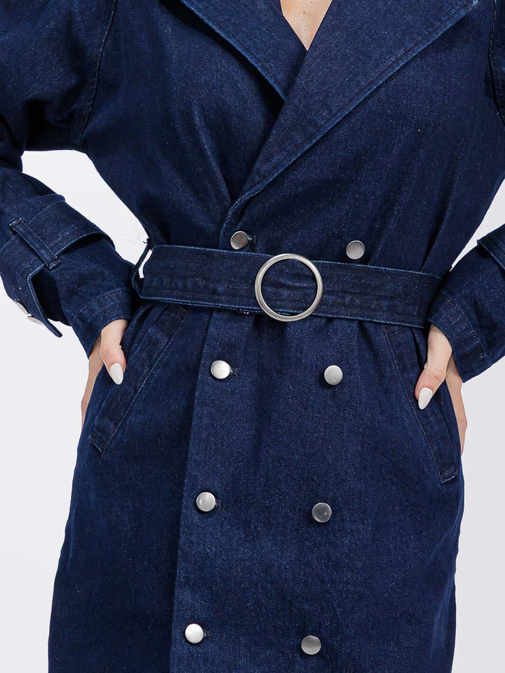 WOMEN'S LONG SLEEVE BUTTON CLOSURE FRONT POCKETS BELTED DENIM COAT