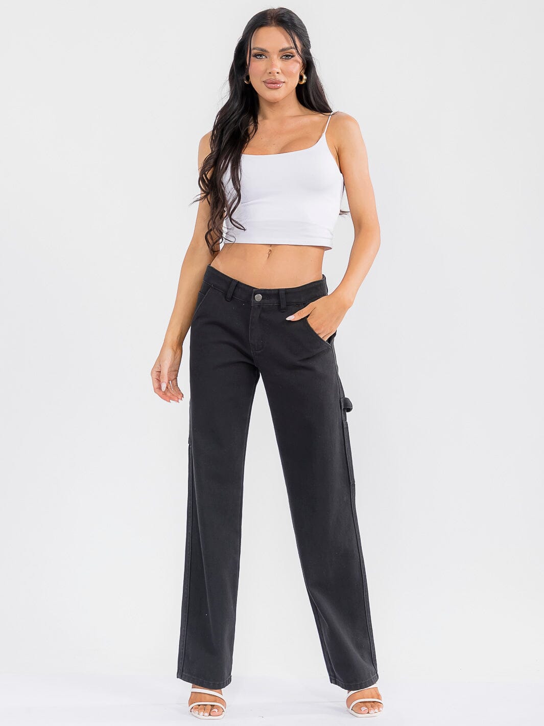 WOMEN'S BUTTON CLOSURE POCKETS DENIM WIDE LEG PANTS