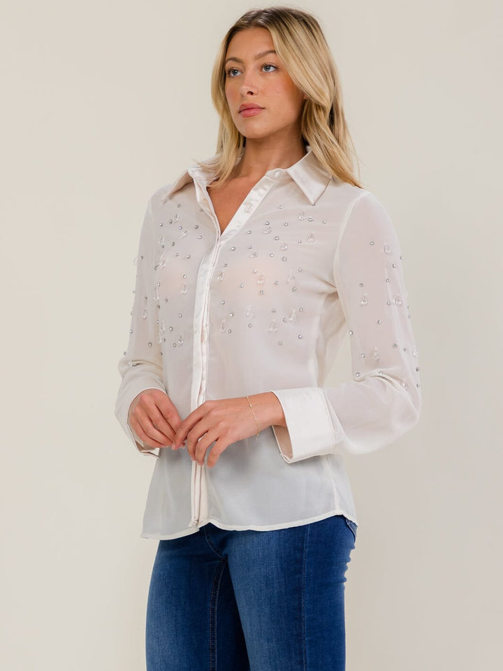 WOMEN'S LONG SLEEVE BUTTON UP STUDS SHEER BLOUSE